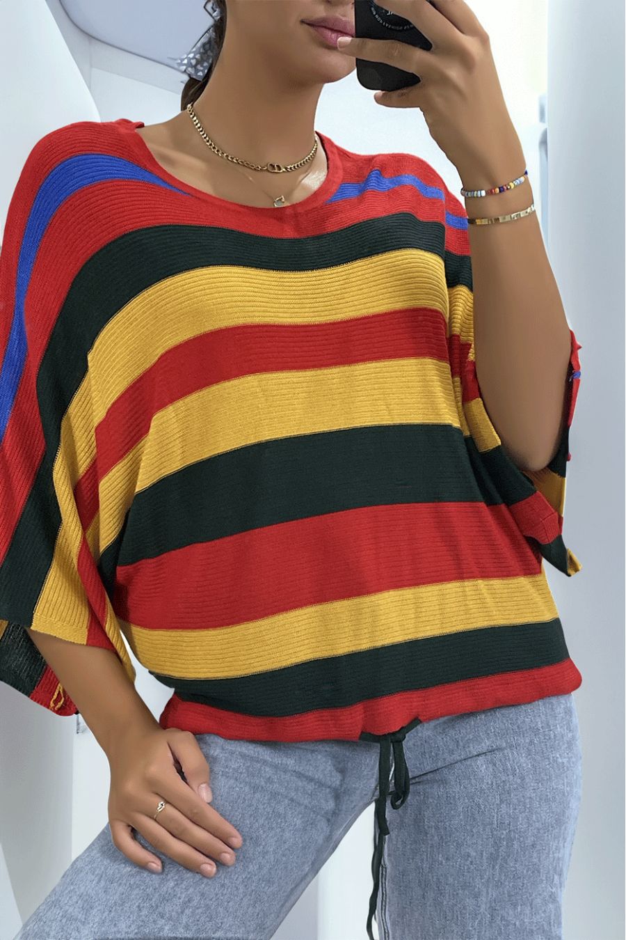 Red striped mesh bat sleeve top - 3