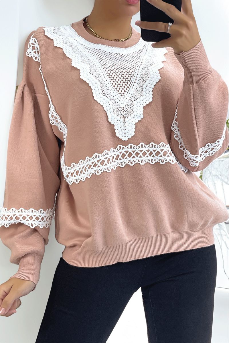 Pink oversized sweater puffed sleeve with lace pattern - 1
