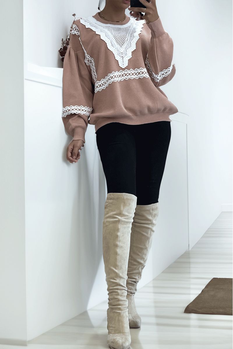 Pink oversized sweater puffed sleeve with lace pattern - 2