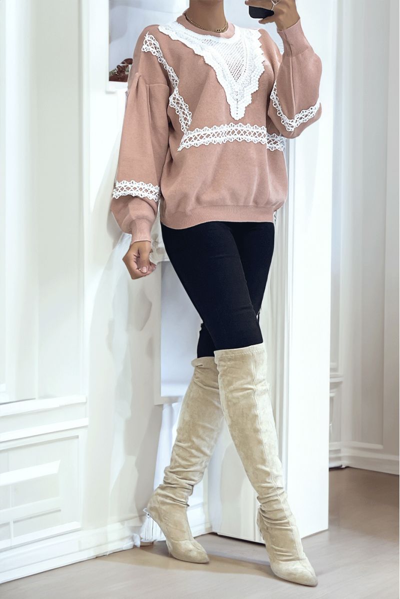 Pink oversized sweater puffed sleeve with lace pattern - 3