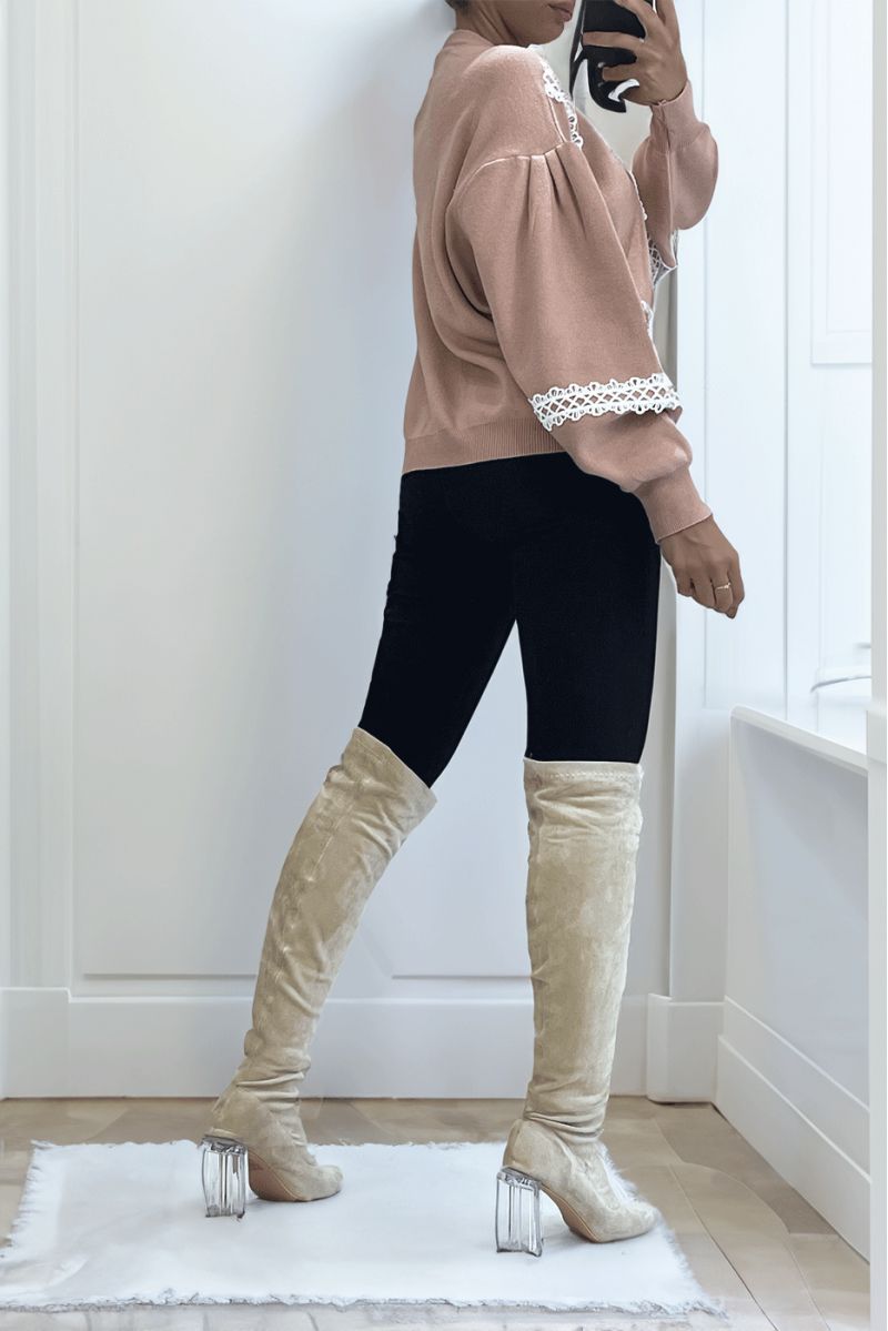 Pink oversized sweater puffed sleeve with lace pattern - 4