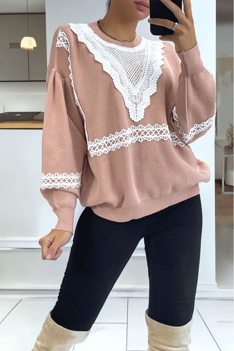 Pink oversized sweater puffed sleeve with lace pattern - 5