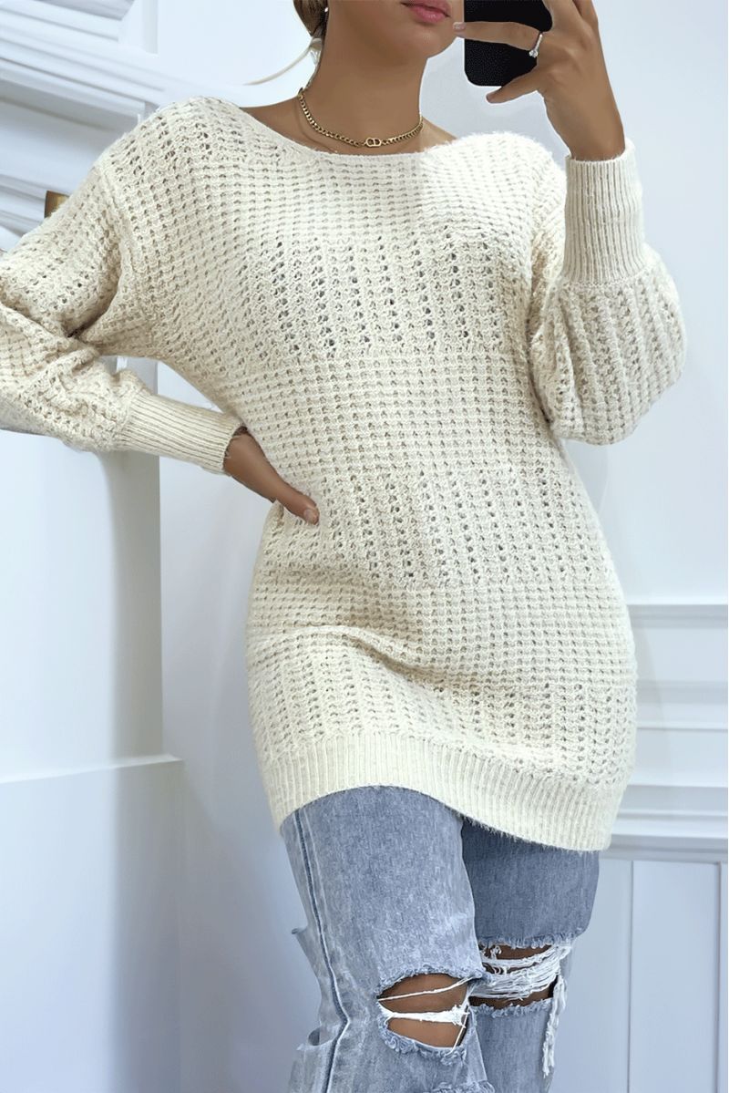 Beige halterneck sweater to tie in chunky knit with puffed sleeves - 1