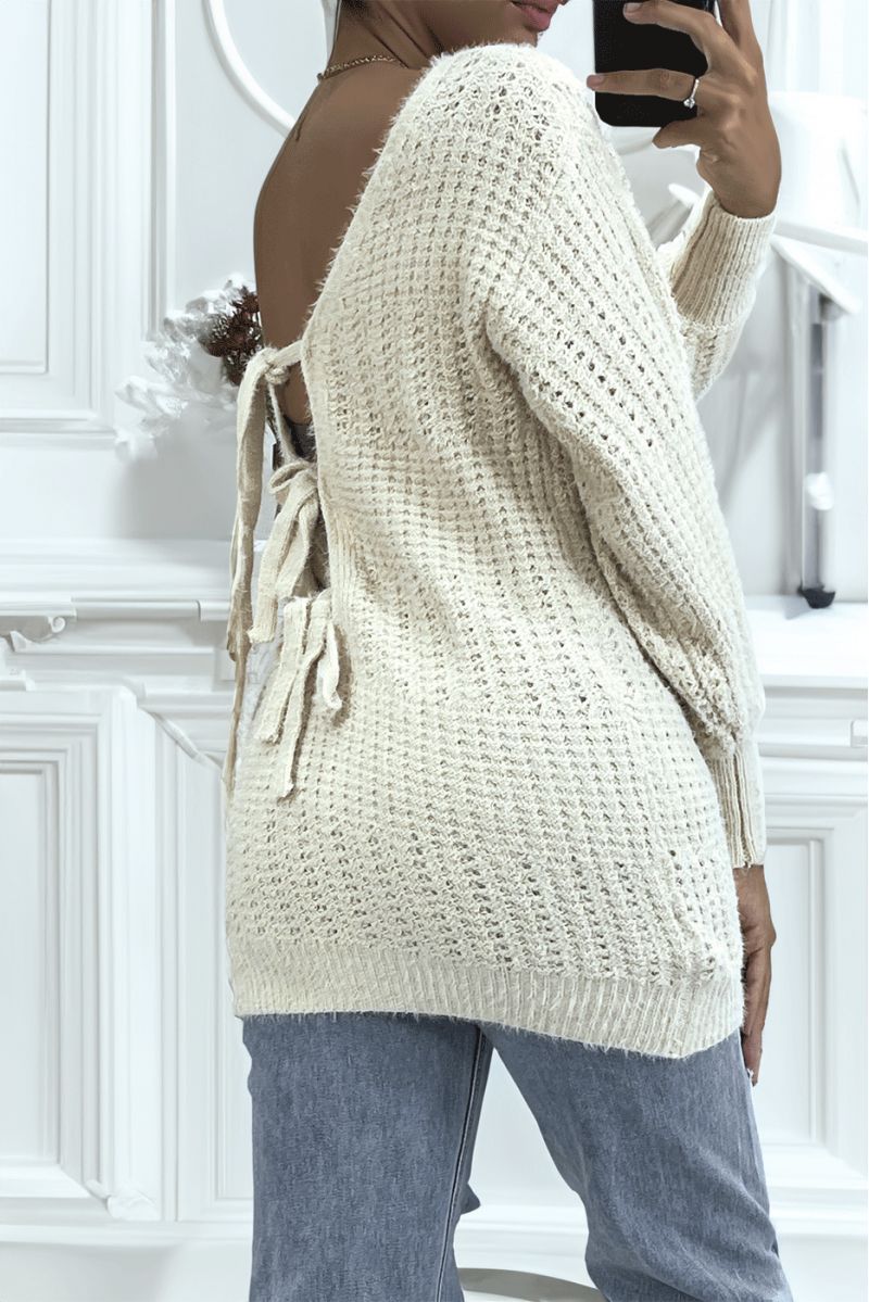 Beige halterneck sweater to tie in chunky knit with puffed sleeves - 2