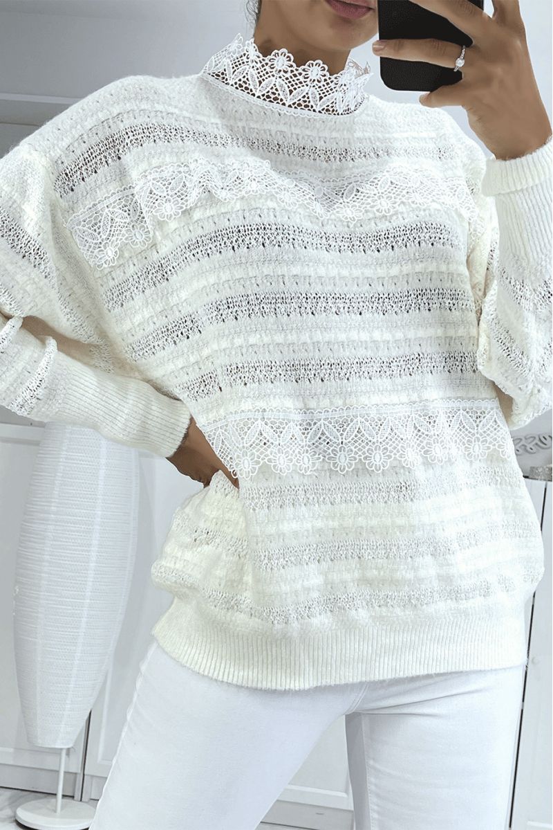 Women's white openwork sweater with lace - 2