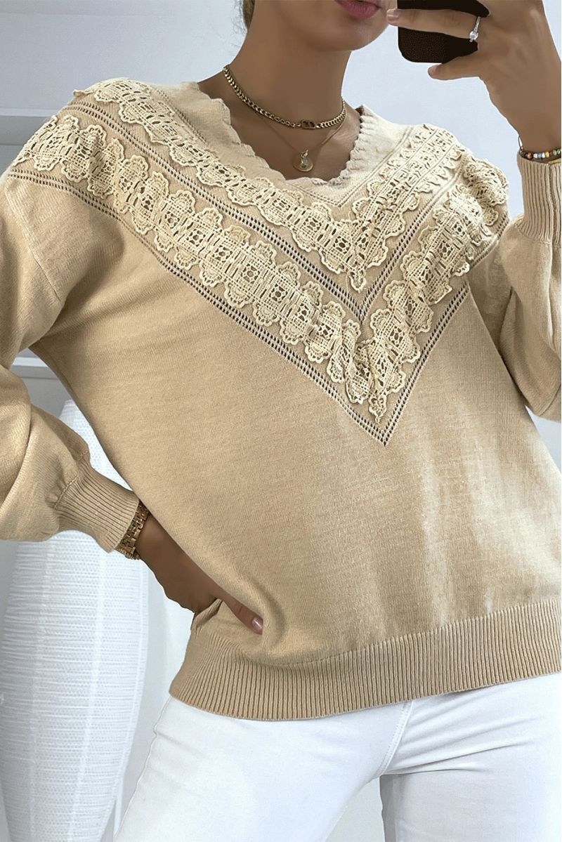 Women's beige V-neck sweater with lace pattern - 2