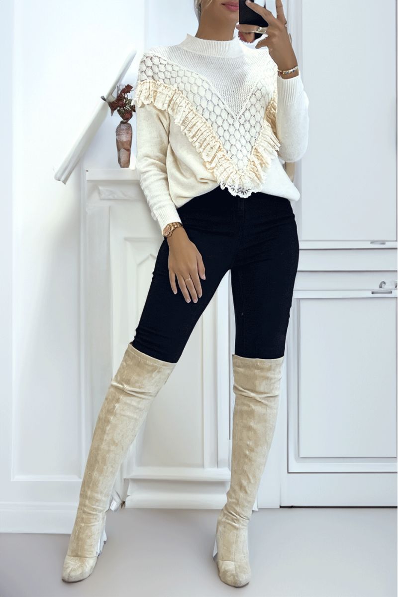 Women's beige sweater with high neck - 3