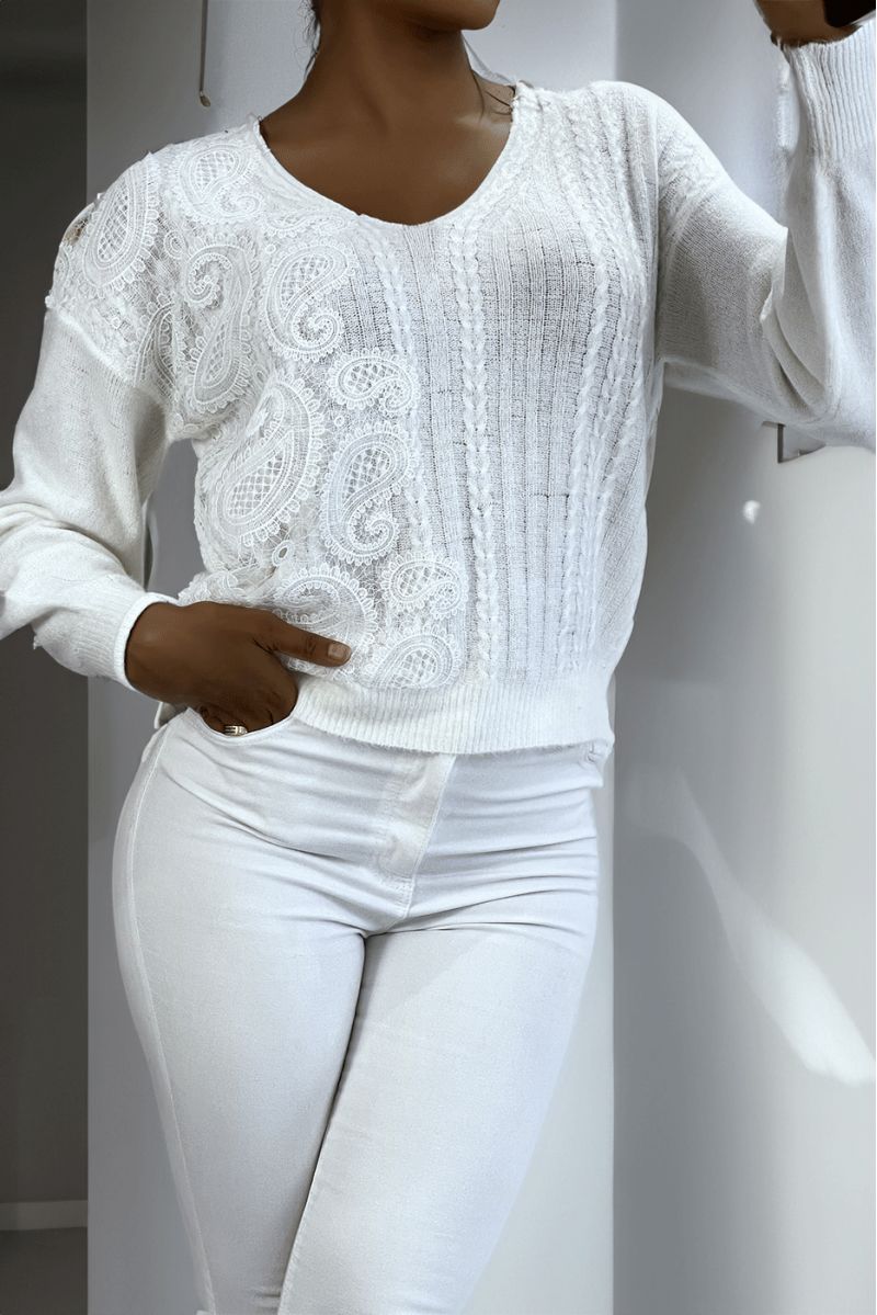 White V-neck sweater with white lace pattern - 1