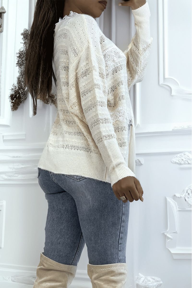 Cheap beige openwork sweater with round neck and lace - 1