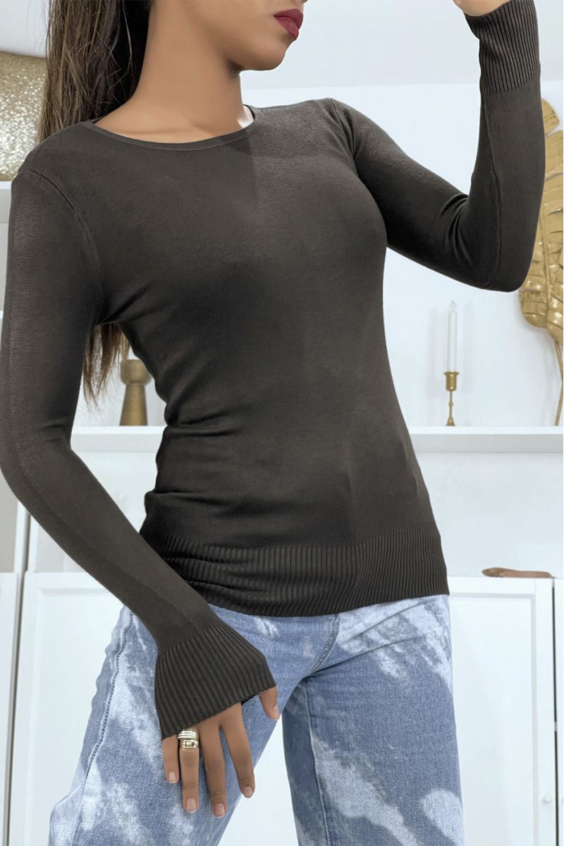 Brown round neck sweater in very stretchy and very soft knit - 2