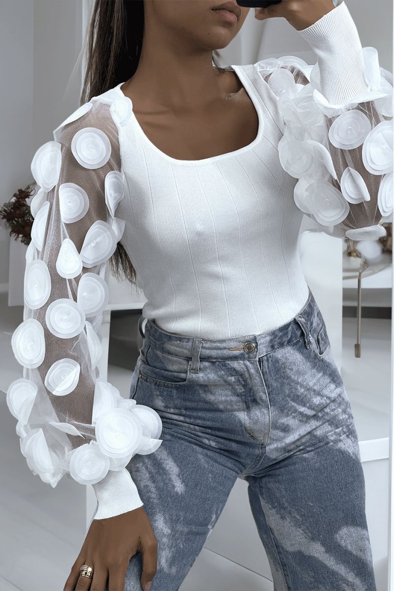 White ribbed sweater with tulle and petal sleeves - 4