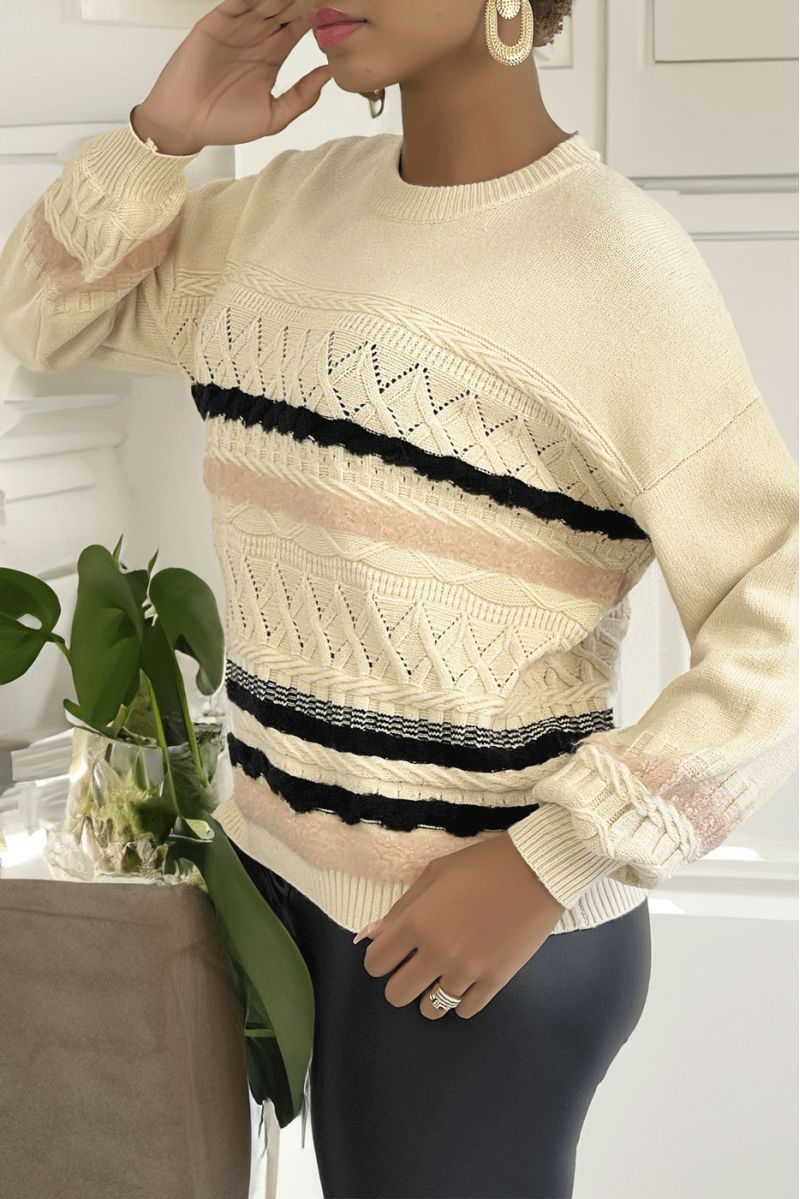 Beige sweater with puffed sleeves and retro patterns - 2