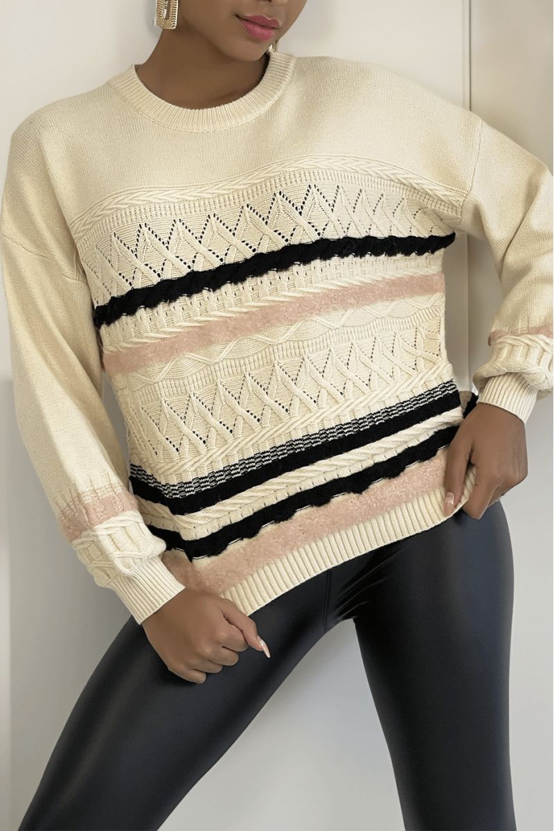 Beige sweater with puffed sleeves and retro patterns - 3