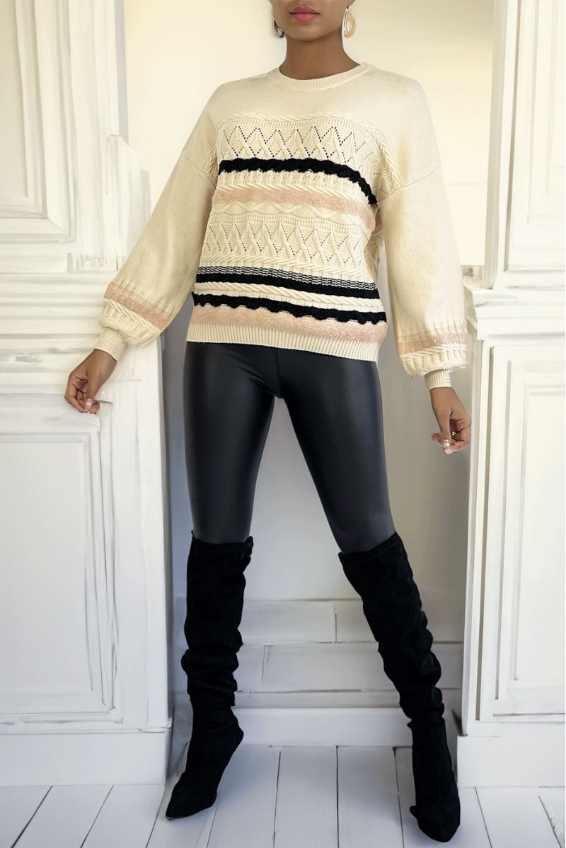 Beige sweater with puffed sleeves and retro patterns - 4