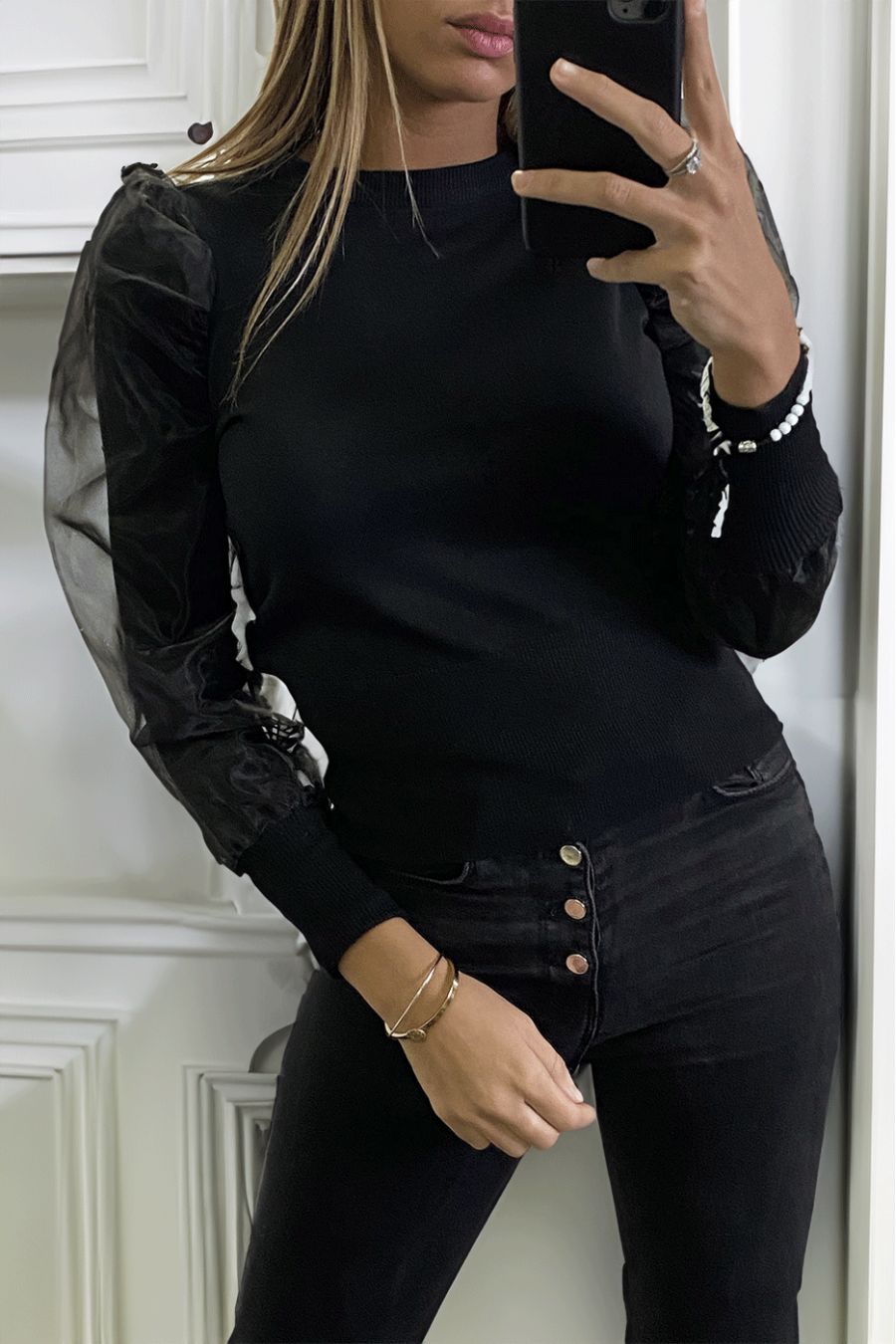 Black sweater with puff lining on the tulle sleeves - 6