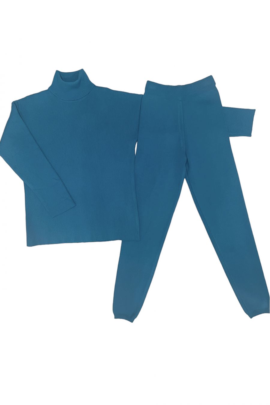 Ensemble pull col roulé over size et jegging en maille côtelé extensible bleu - 1