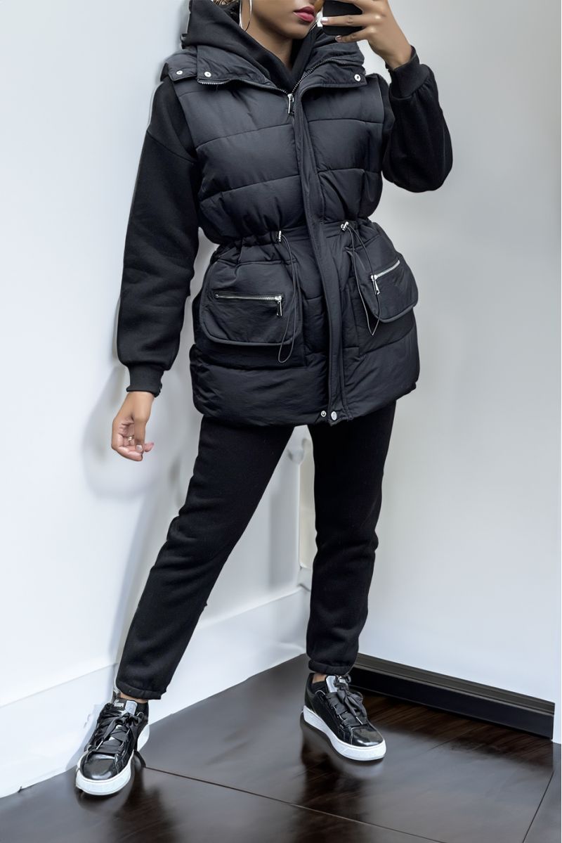 3 piece super thick down jacket sweatshirt and joggers set in black - 1