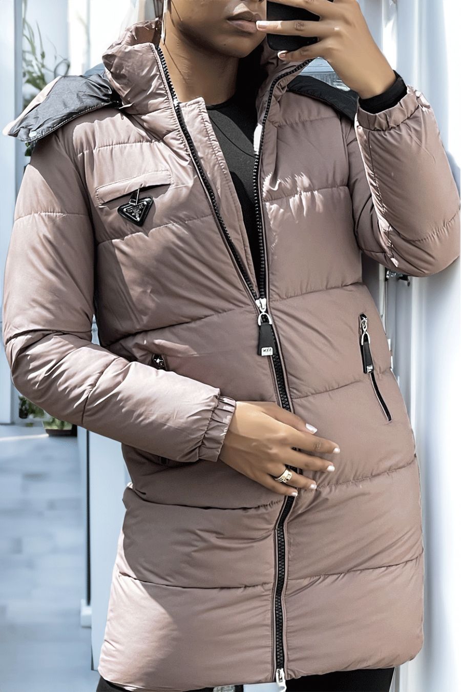 Long brown down jacket with bag and detachable hood - 1