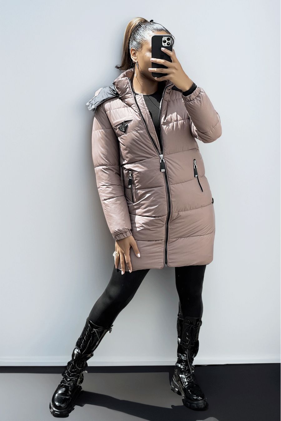 Long brown down jacket with bag and detachable hood - 2