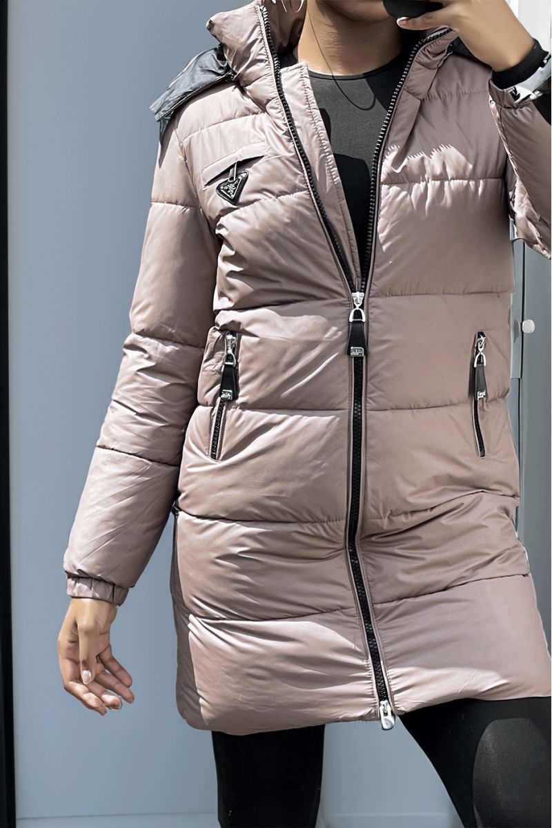 Long brown down jacket with bag and detachable hood - 3