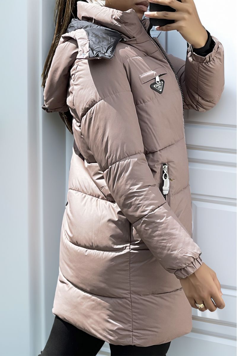 Long brown down jacket with bag and detachable hood - 4