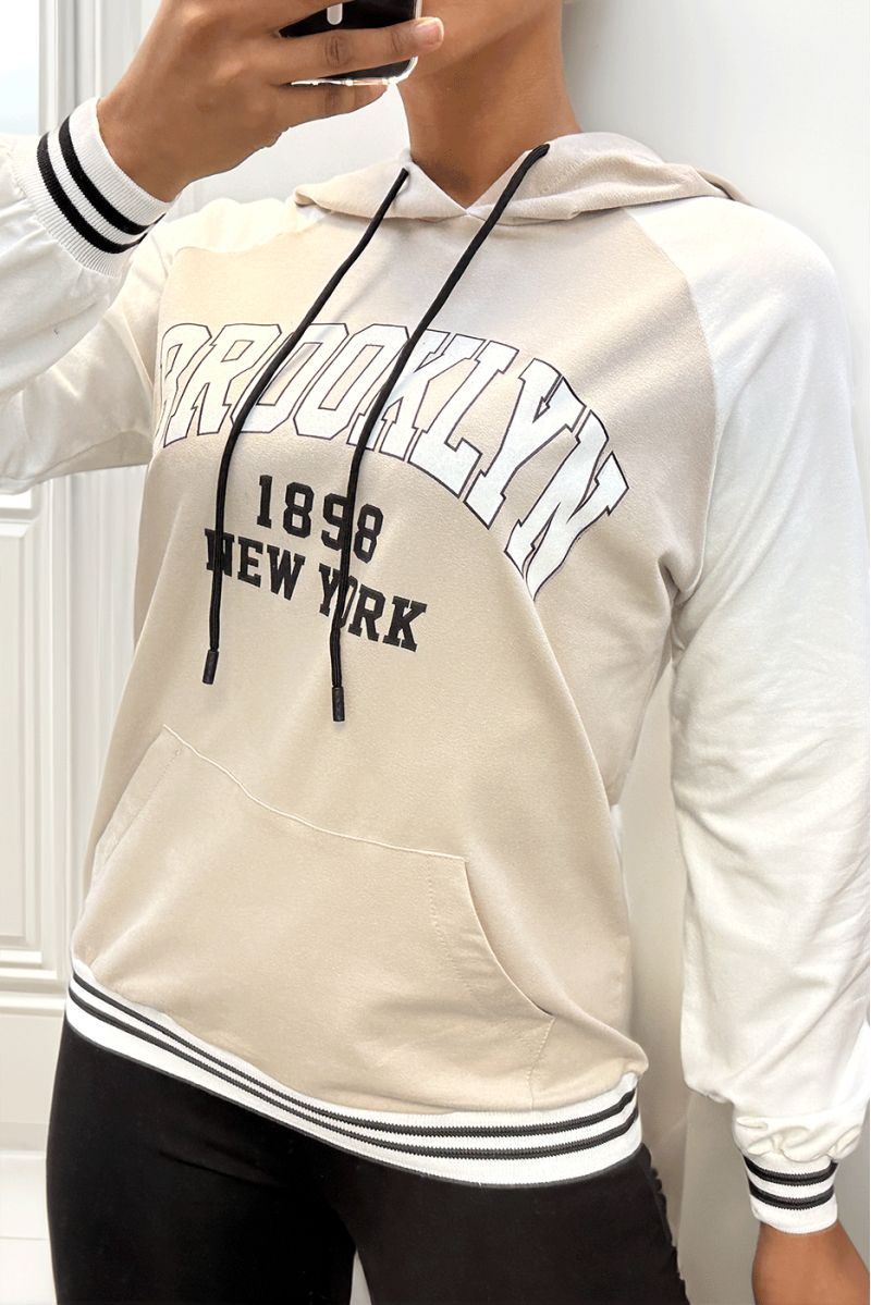 Witte en beige hoodie met BROOKLYN-opschrift - 2