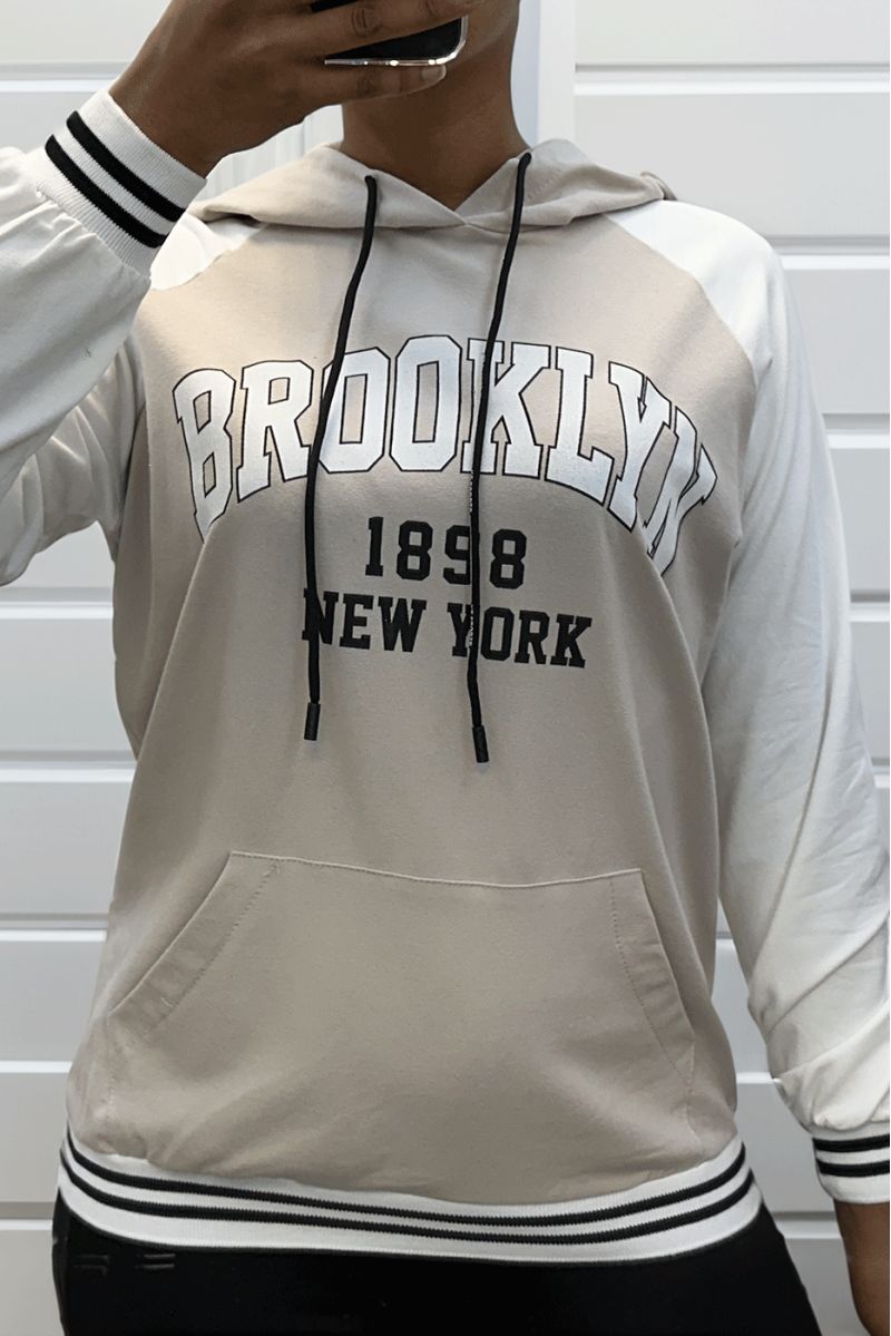 Witte en beige hoodie met BROOKLYN-opschrift - 3
