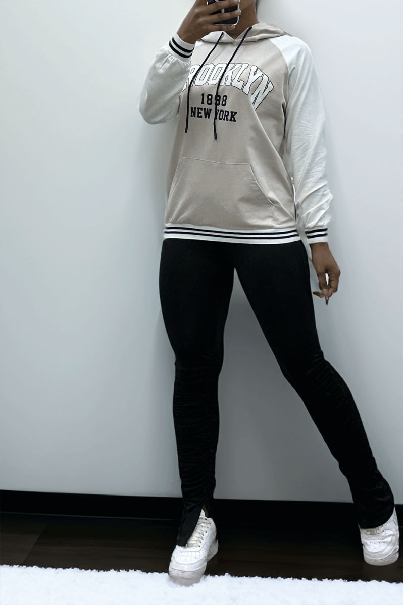 Witte en beige hoodie met BROOKLYN-opschrift - 4