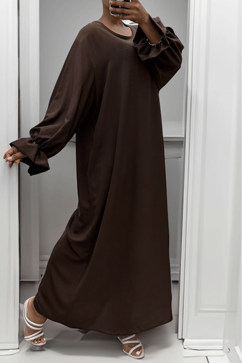 Lange bruine abaya verzameld bij de mouwen - 1