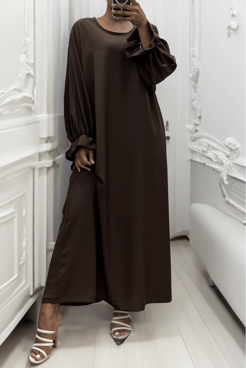 Lange bruine abaya verzameld bij de mouwen - 3