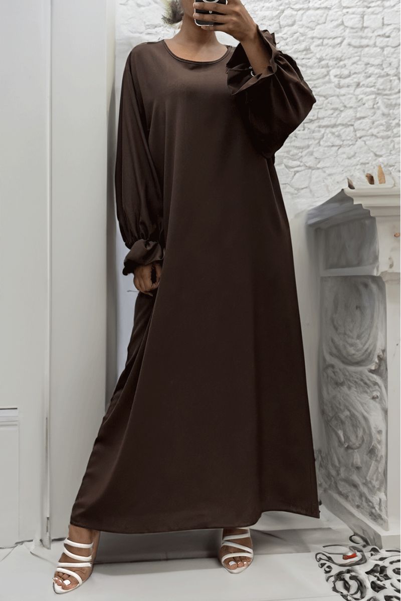 Longue abaya marron froncé aux manches  - 5