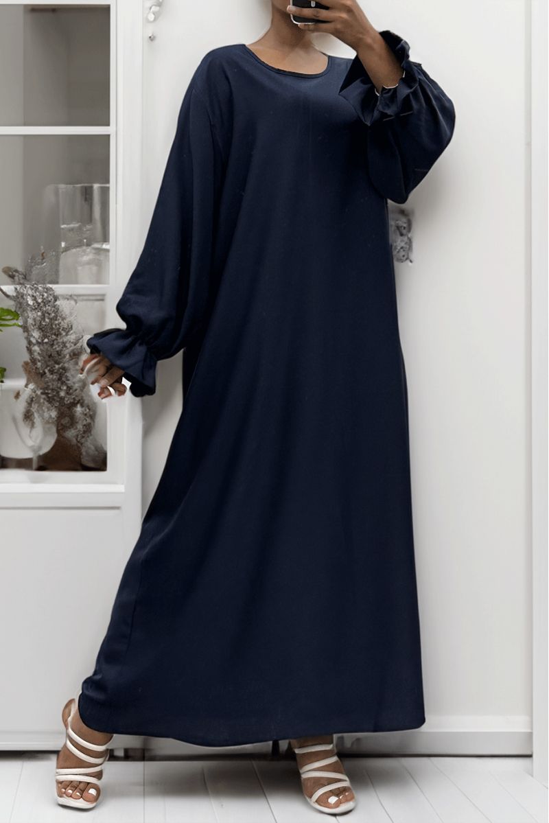 Lange marineblauwe abaya met plooitjes bij de mouwen - 3