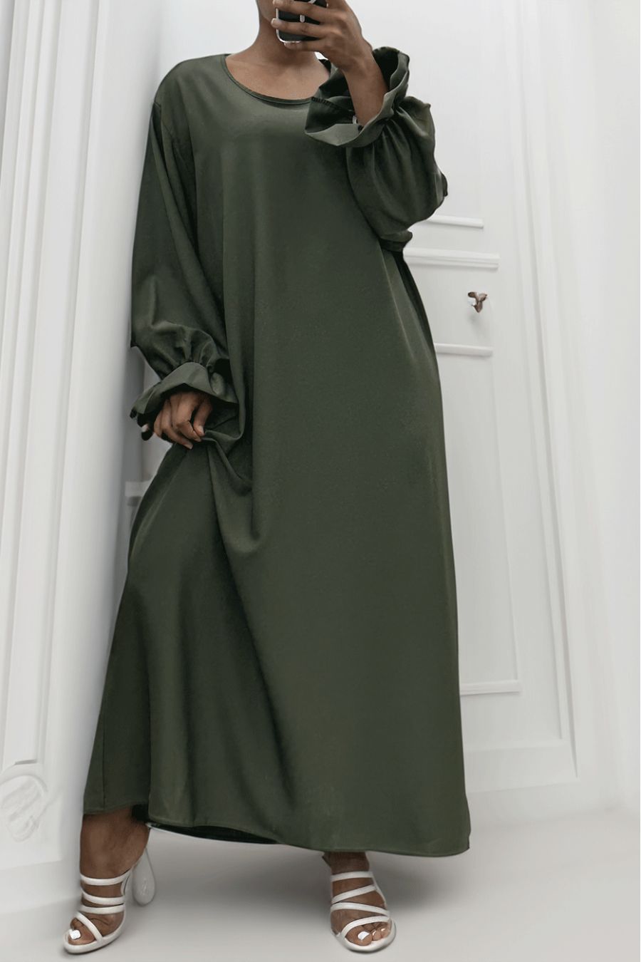 Longue abaya kaki froncé aux manches - 2