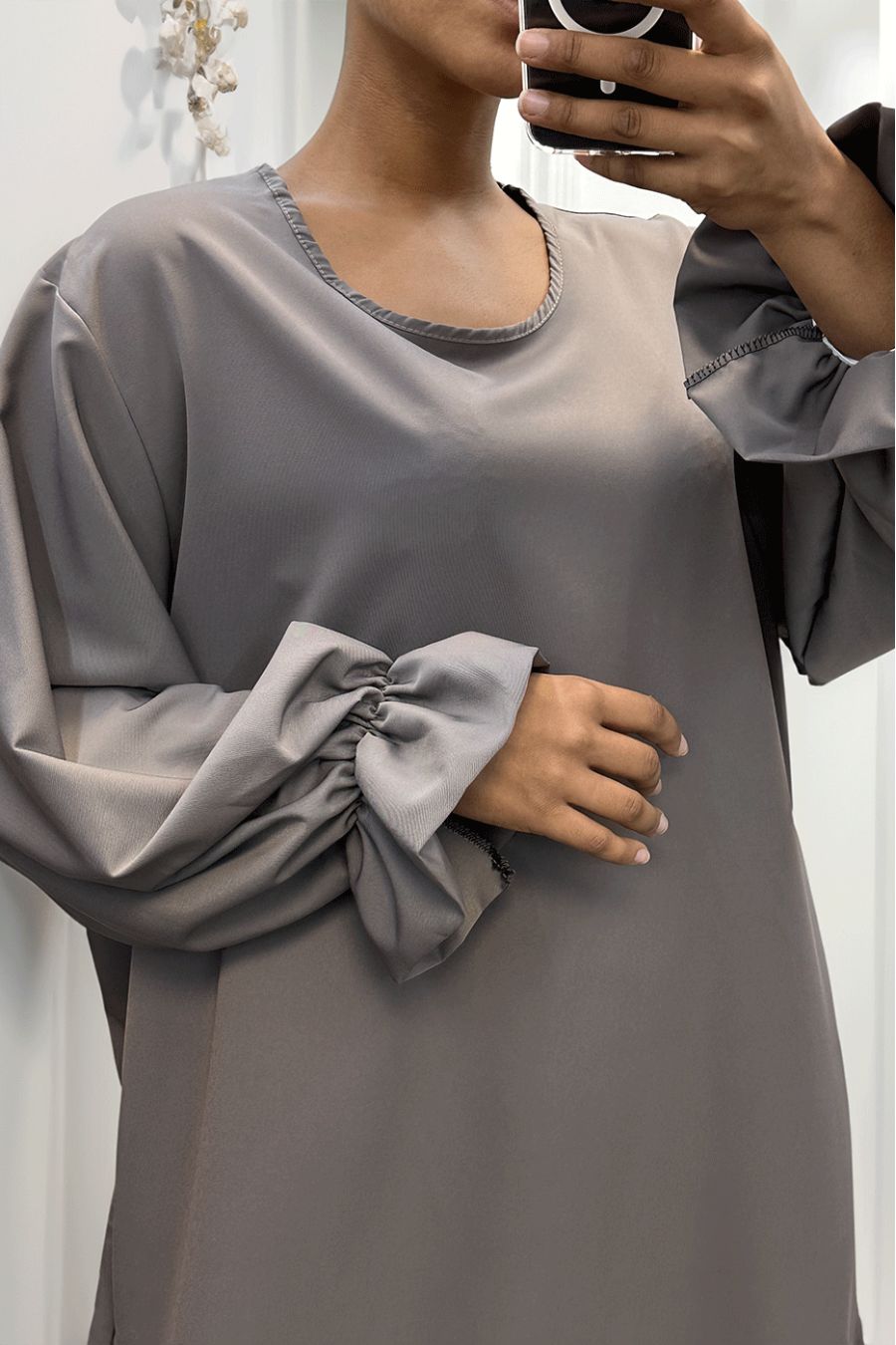 Long anharcite abaya gathered at the sleeves - 1
