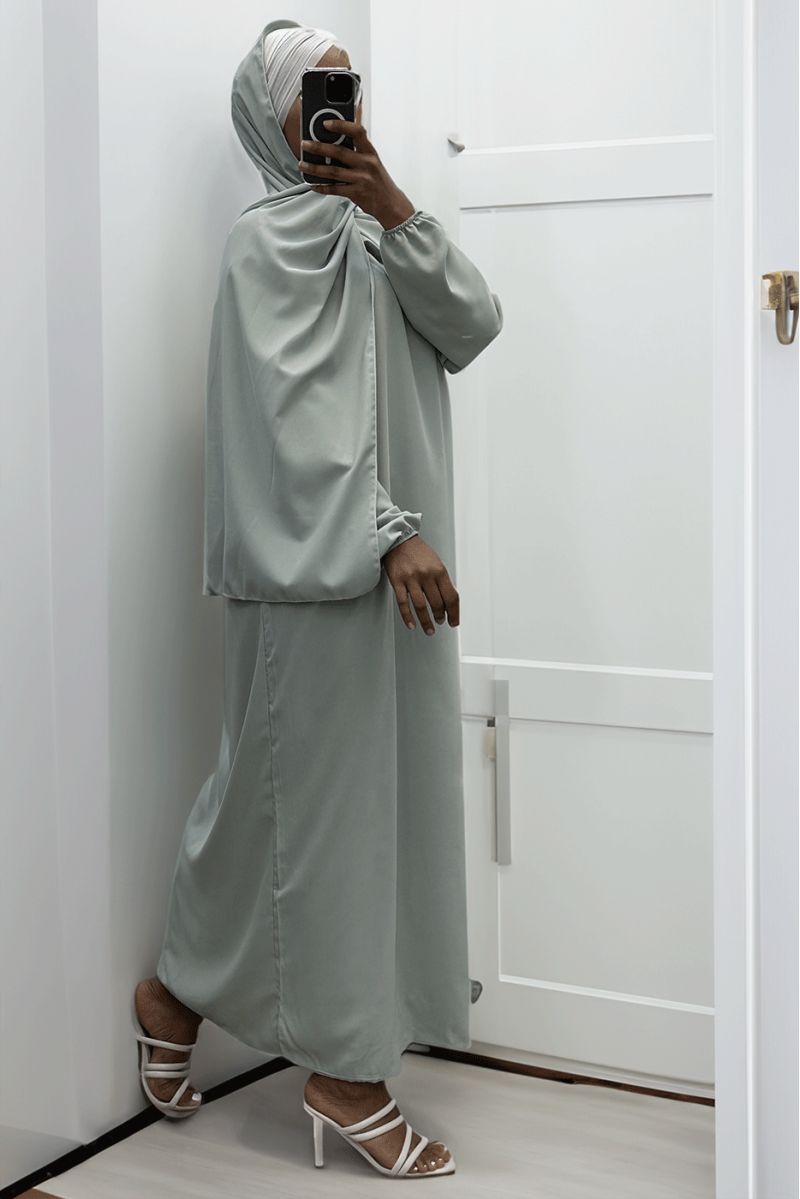 Water green abaya with integrated veil in vibrant color - 2