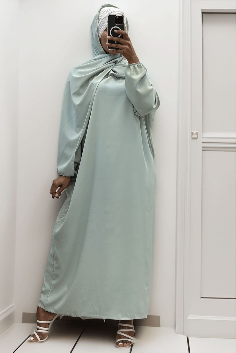 Water green abaya with integrated veil in vibrant color - 3