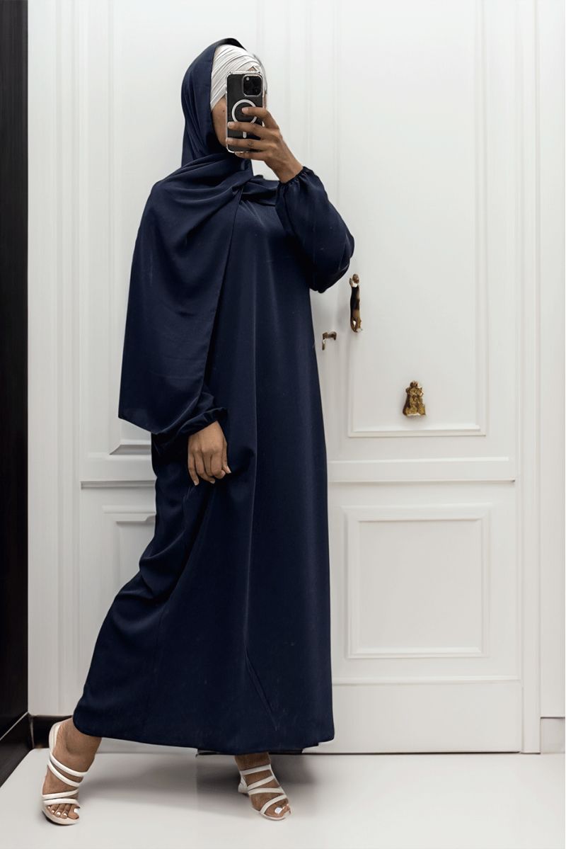 Marineblauwe abaya met geïntegreerde sluier in levendige kleuren - 1