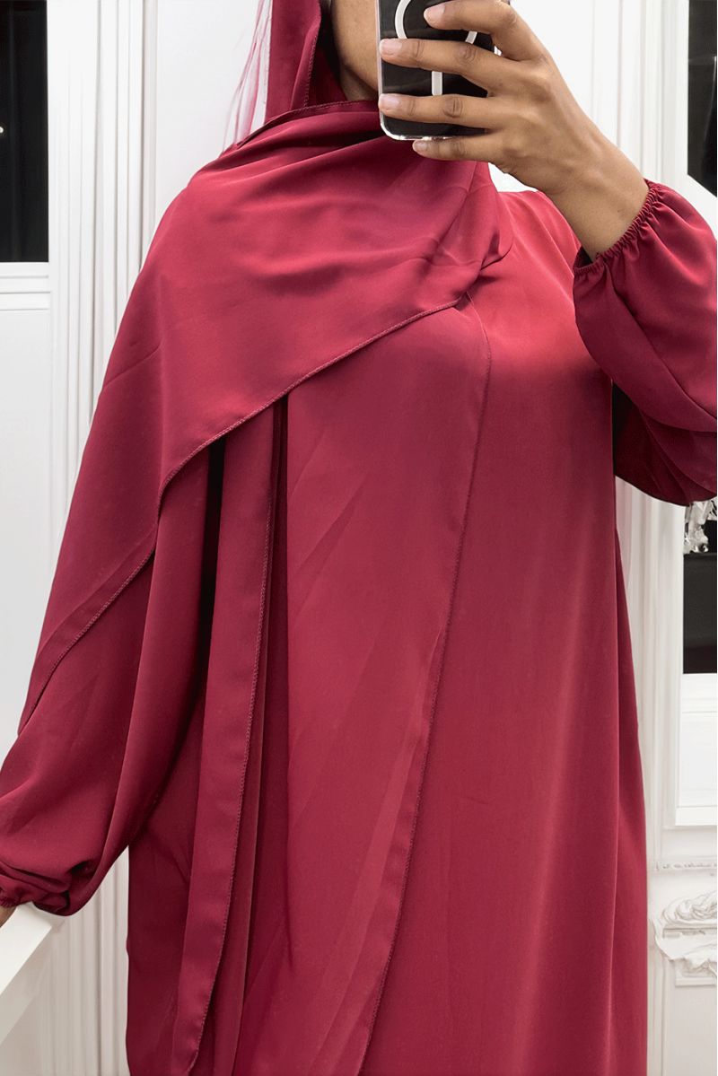 Burgundy abaya with integrated veil in vibrant color - 1