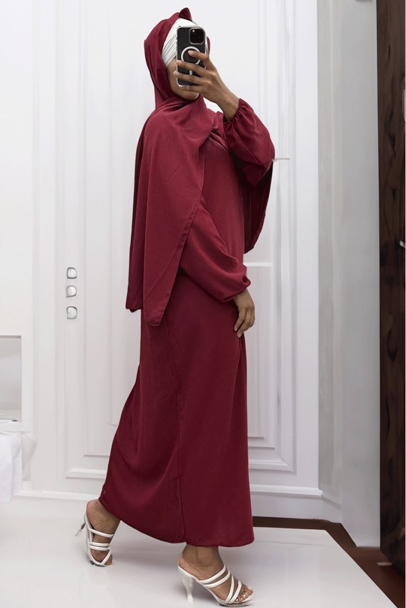 Burgundy abaya with integrated veil in vibrant color - 2