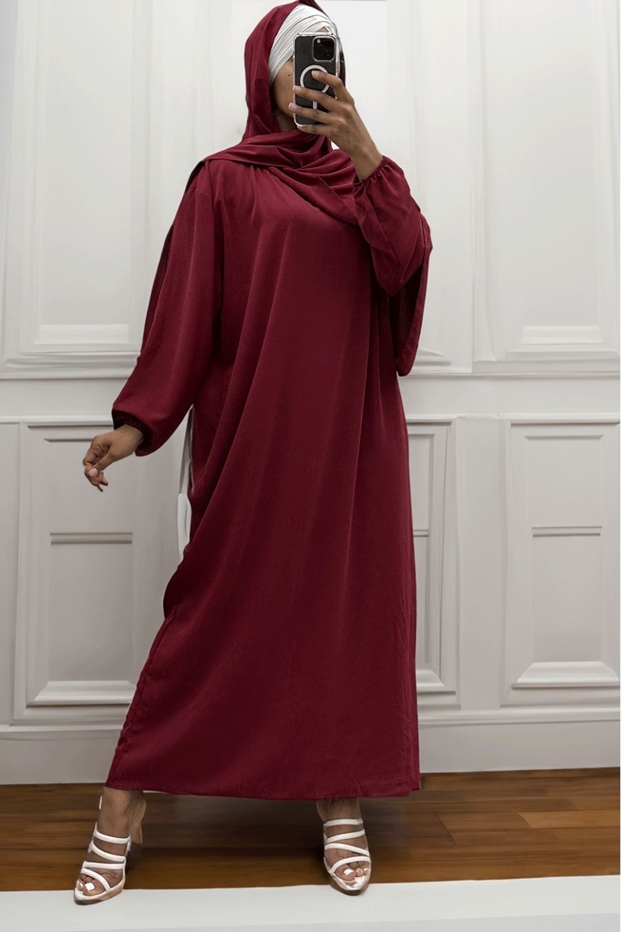 Burgundy abaya with integrated veil in vibrant color - 3