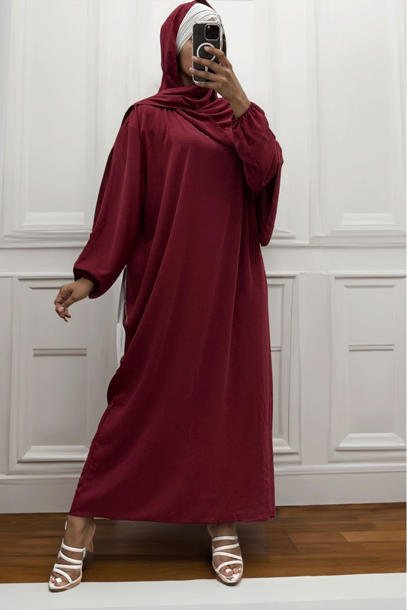 Burgundy abaya with integrated veil in vibrant color - 3