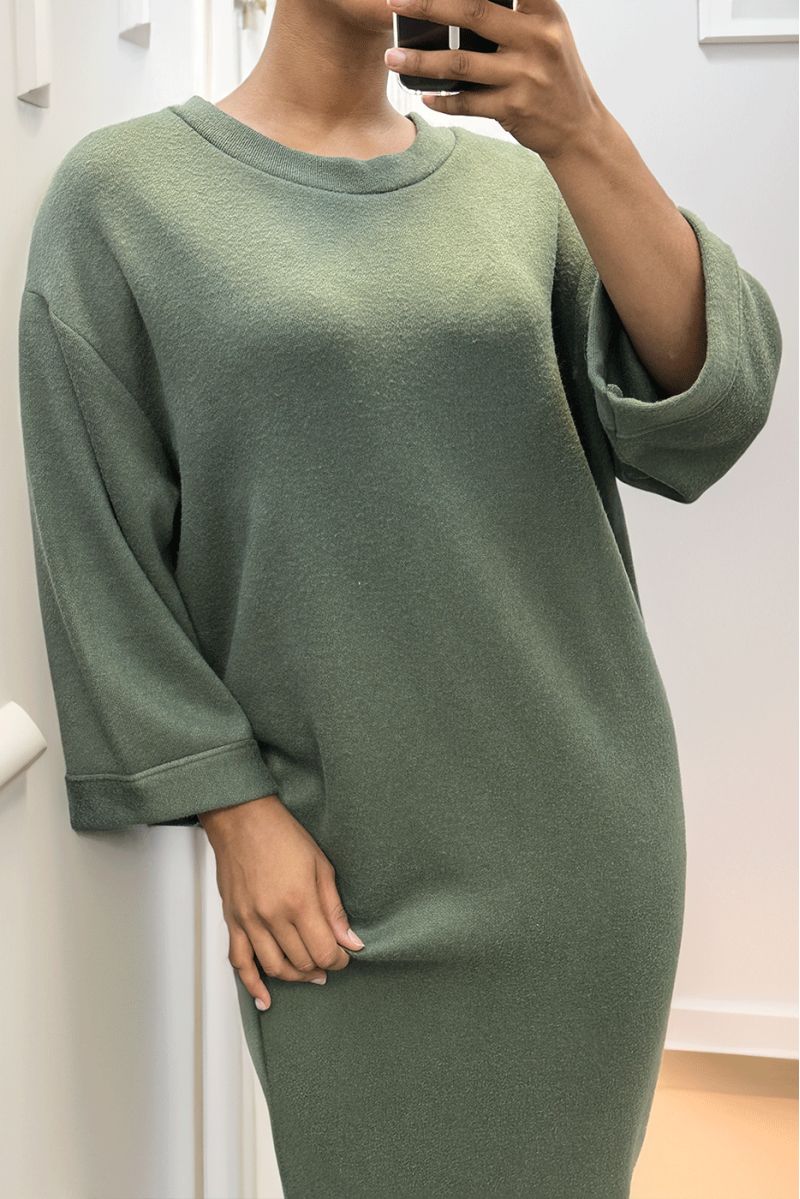 Long khaki over size round neck sweater dress - 1