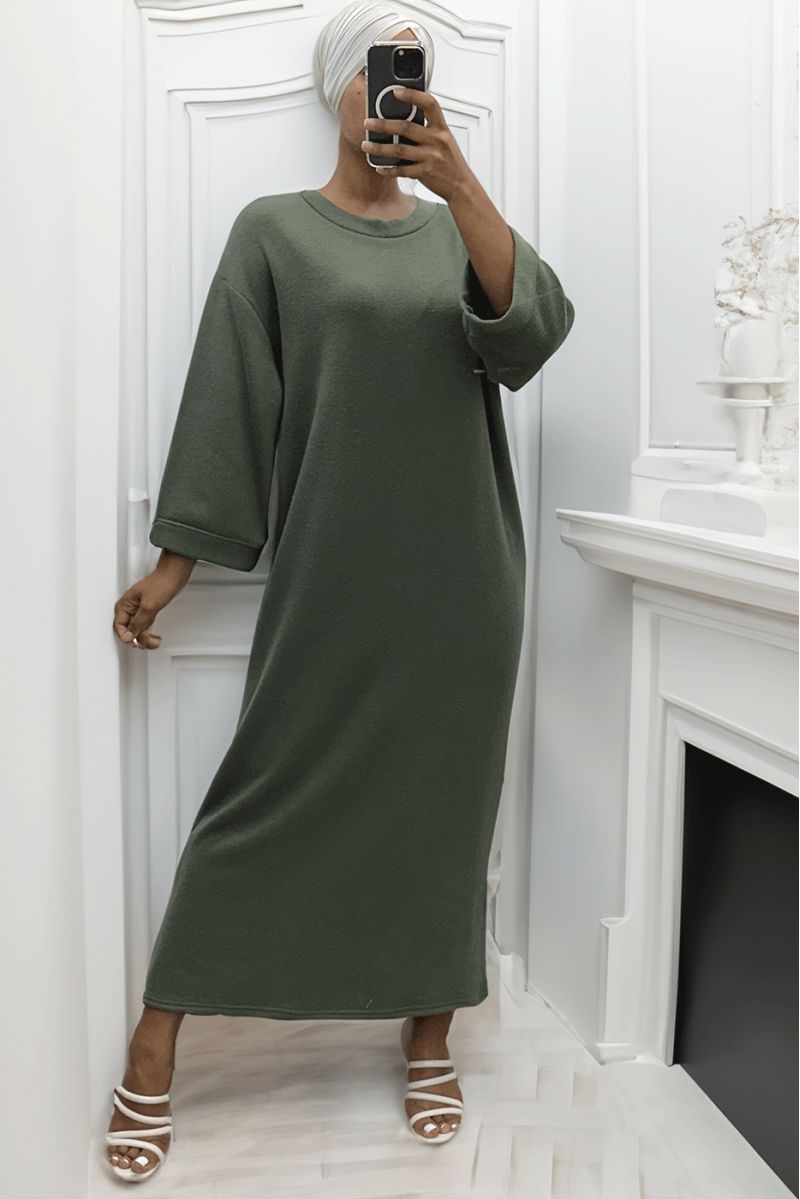 Long khaki over size round neck sweater dress - 4