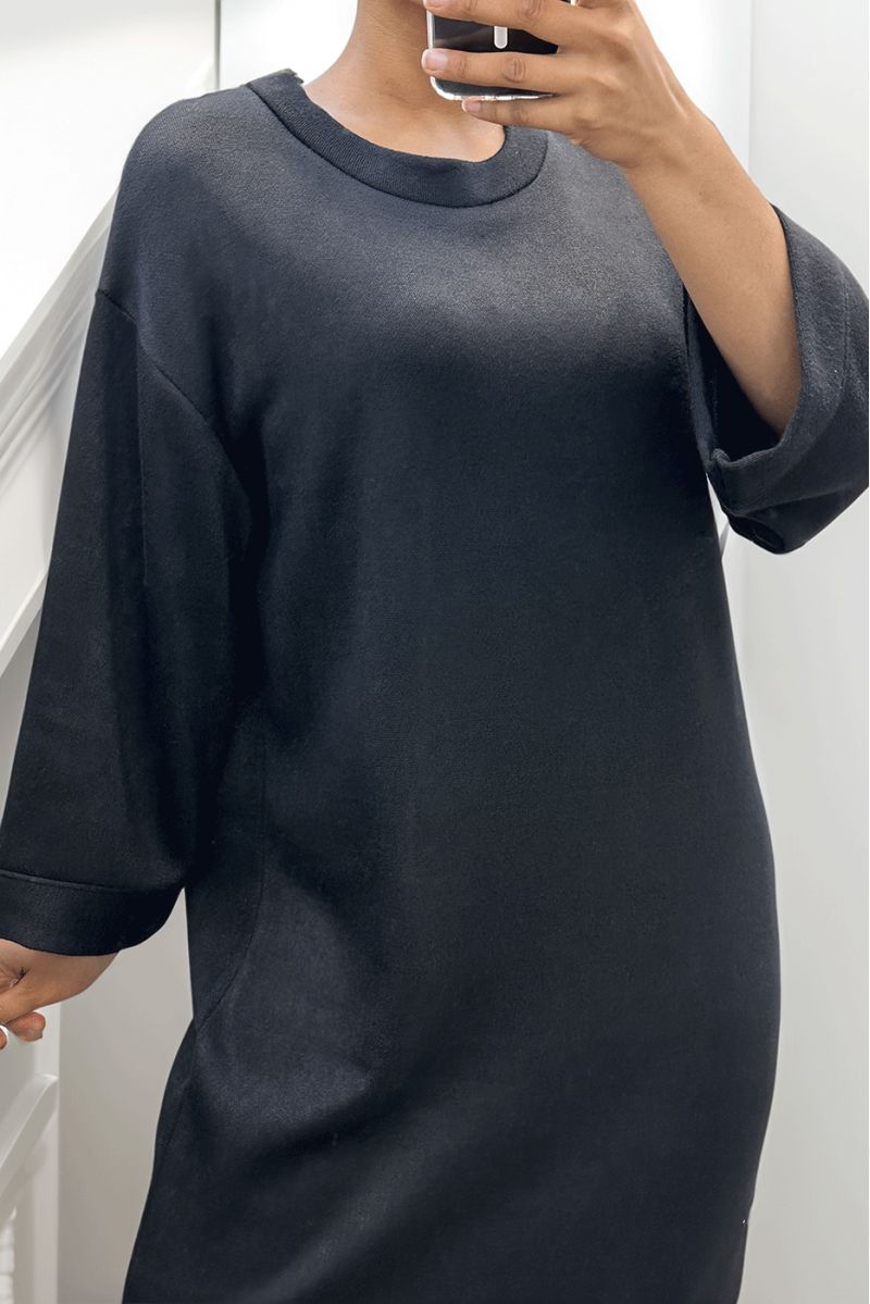 Long black round neck over size sweater dress - 1