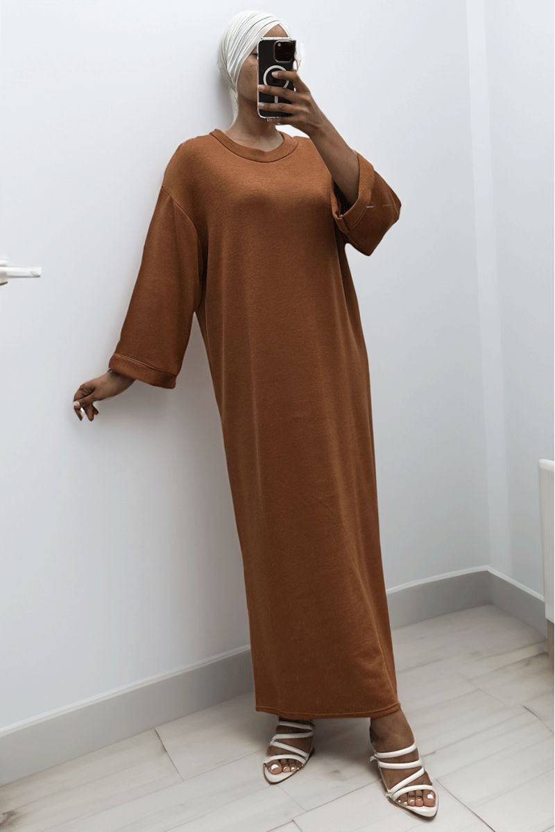 Long oversized cognac round neck sweater dress - 2