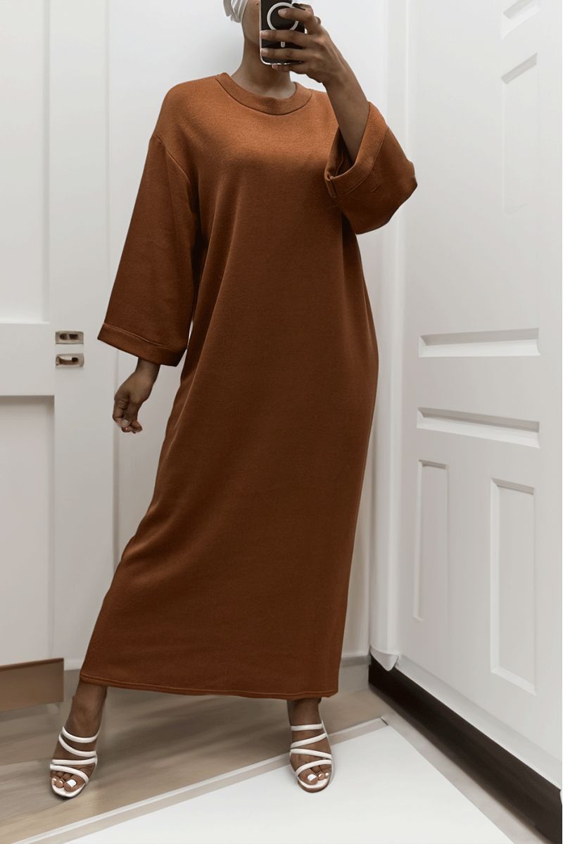 Lange cognackleurige oversize sweaterjurk met ronde hals - 4