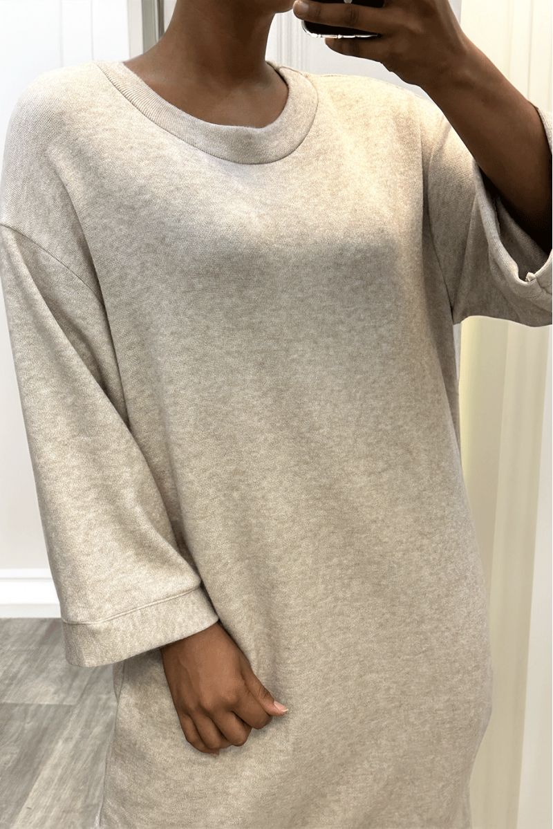 Long beige round neck over size sweater dress - 1