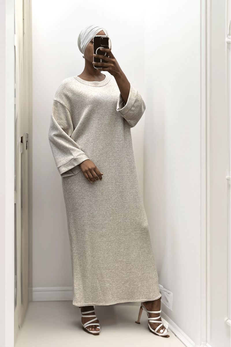 Long beige round neck over size sweater dress - 3