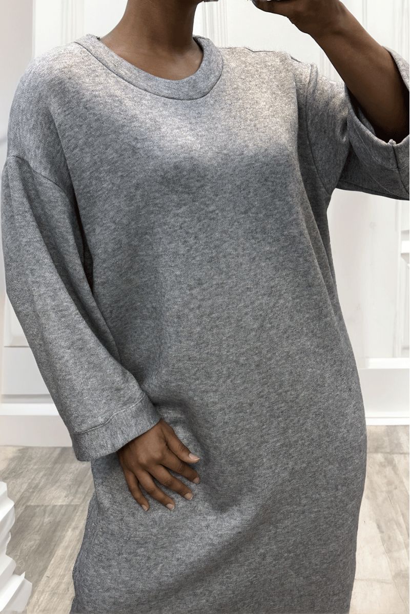 Long gray round neck over size sweater dress - 1