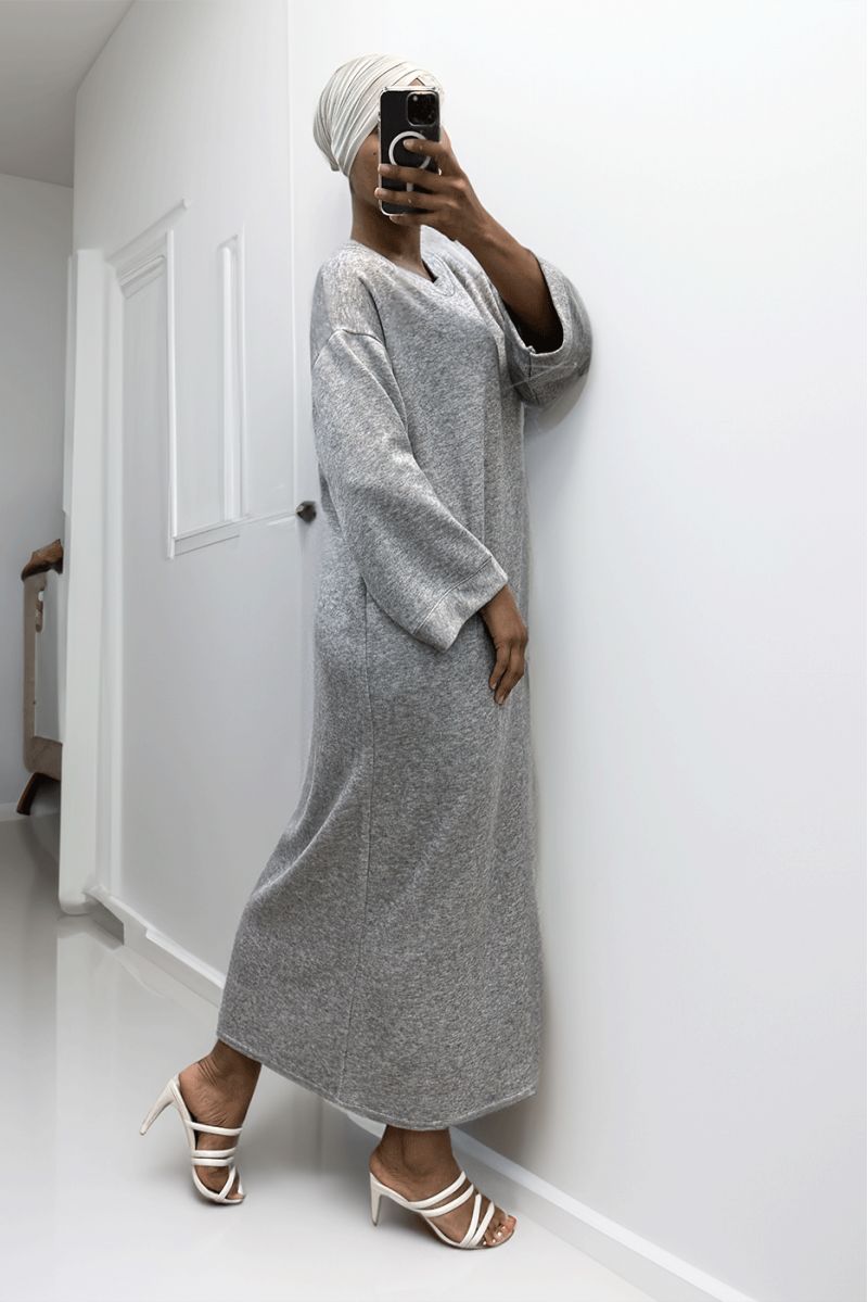 Longue robe pull over size col rond gris  - 3